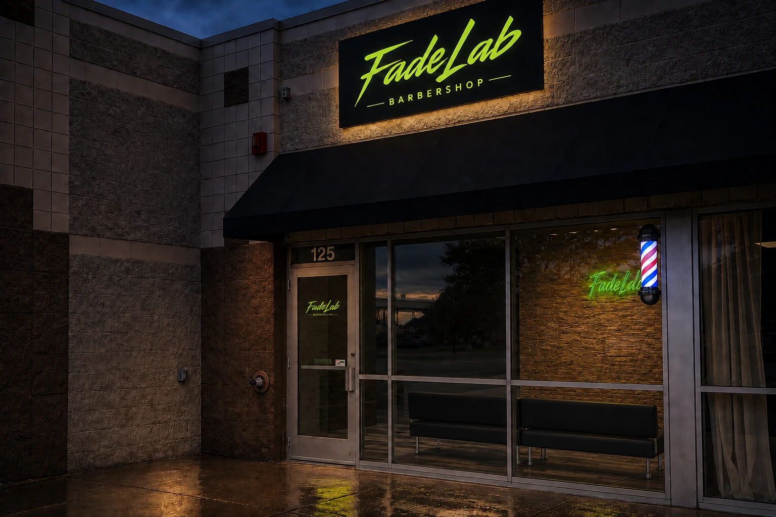 FadeLab storefront concept at dusk, with an open entrance aisle and a recessed stone partition behind the right window, green neon and waiting benches